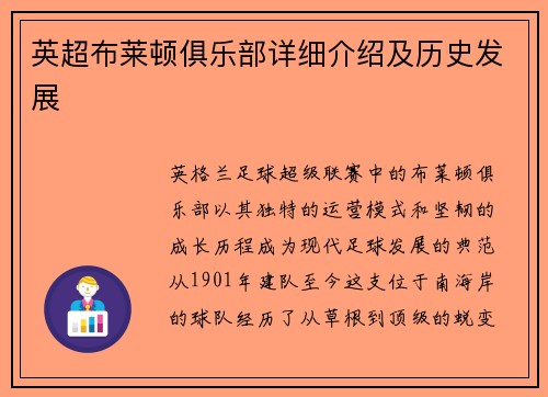 英超布莱顿俱乐部详细介绍及历史发展